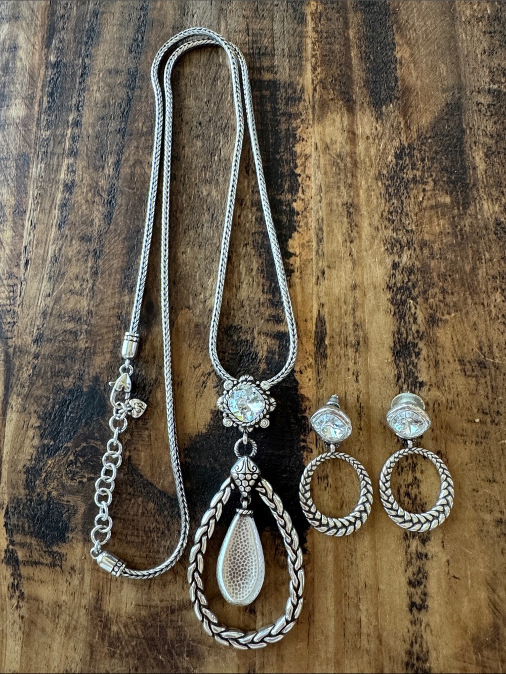 Brighton Silver Tone Braided Teardrop Necklace with Post Earrings